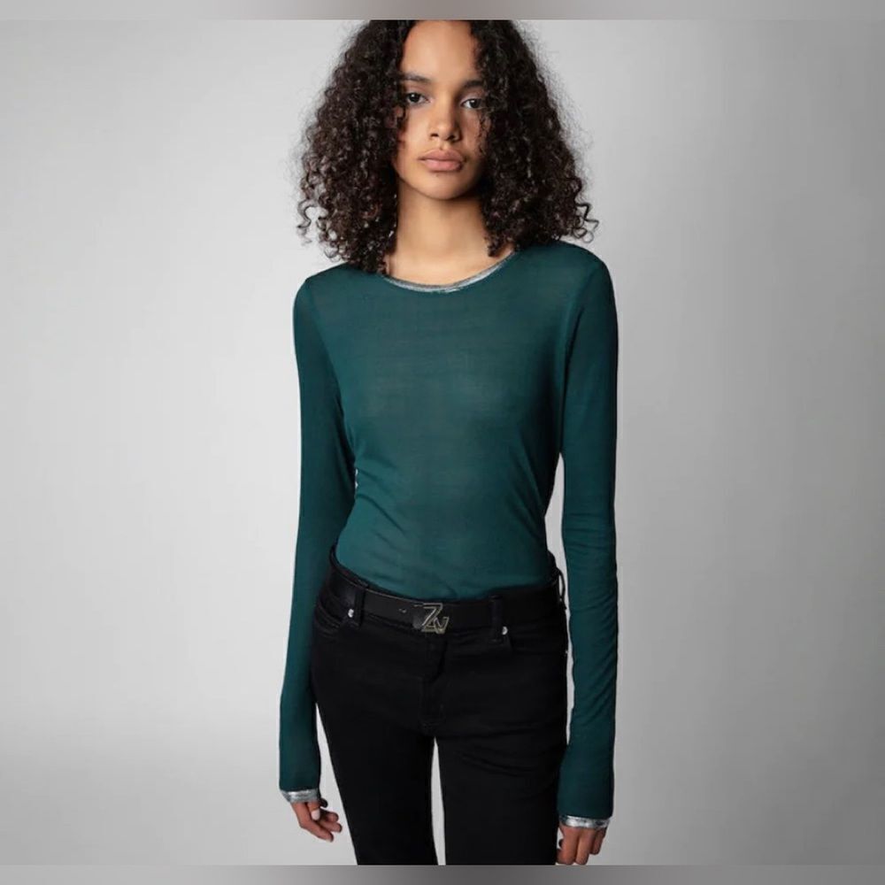 Zadig & Voltaire Willy foil silver Long sleeve top color Peacock Sz Large. NWT - Picture 7 of 7